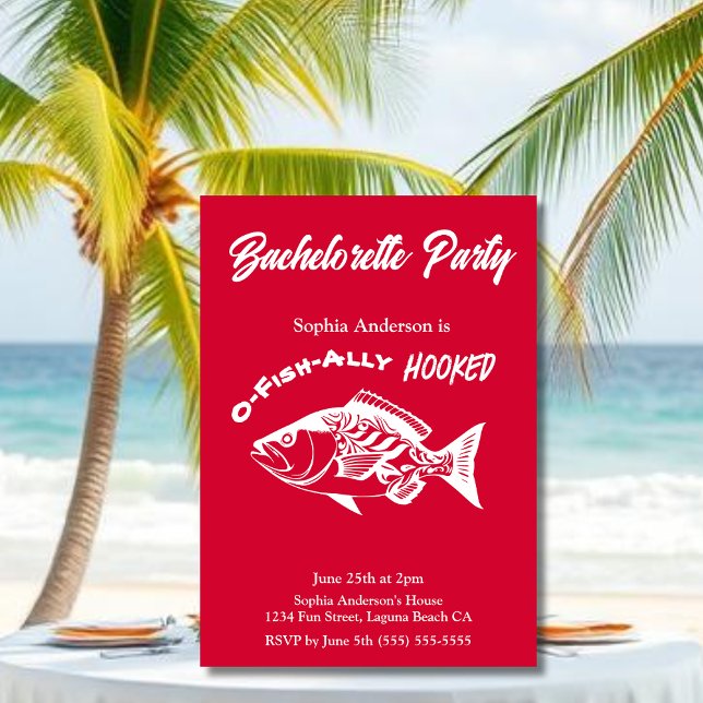 Convites Festa de solteira Vermelho de cereja "O-fish-ally  (Bachelorette Party O-fish-ally Hooked Fisherman Core Hawaiian Fish islander Bachelorette Invitations)