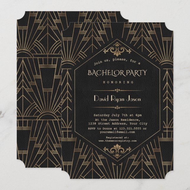 Convites Festa de Solteirão Royal Gold Black Great Gatsby a (Frente/Verso)