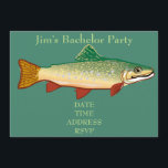 Convites Festa de solteiro de truta maleável<br><div class="desc">Um convite legal com uma ilustração do tema da pesca de uma ilustração do peixe-truta contra um fundo verde personalizável. Este convite seria adequado para uma atividade de pesca de solteiro ou de qualquer viagem de pesca festa de aniversário. O texto é totalmente personalizável e pode ser alterado para refletir...</div>