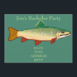 Convites Festa de solteiro de truta maleável<br><div class="desc">Um convite legal com uma ilustração do tema da pesca de uma ilustração do peixe-truta contra um fundo verde personalizável. Este convite seria adequado para uma atividade de pesca de solteiro ou de qualquer viagem de pesca festa de aniversário. O texto é totalmente personalizável e pode ser alterado para refletir...</div>