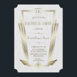 Convites Festa de Solteiro Monograma Art Déco Branco Dourad<br><div class="desc">Convite de Solteiro Monograma Art Déco Branco Dourado Royal. Glamour Único, design de cartão vintage com uma forma art déco dourada falsa com um brasão para suas iniciais, Fleur-de-lis dourada falsa como uma herança real, um Roaring 1920's Great Gatsby, estilo antigo Hollywood, fontes lindas em um fundo preto. Use a...</div>