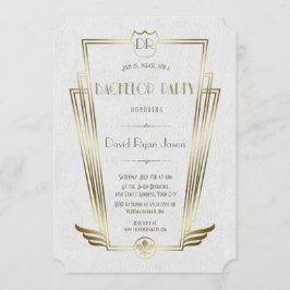 Convites Festa de Solteiro Monograma Art Déco Branco Dourad