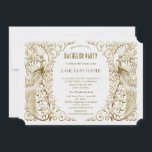 Convites Festa de Solteiro Pavões Art Déco Glam Branco Dour<br><div class="desc">Desenho elegante com uma mistura de pavões art déco em falso dourado estilo antigo e uma abordagem gráfica moderna e ousada,  em um fundo branco texturizado. Use a ferramenta Personalizar para adicionar suas informações. Para itens correspondentes,  visite,  por favor,  minha Coleção de Pavões Art Déco Branco Dourado.</div>