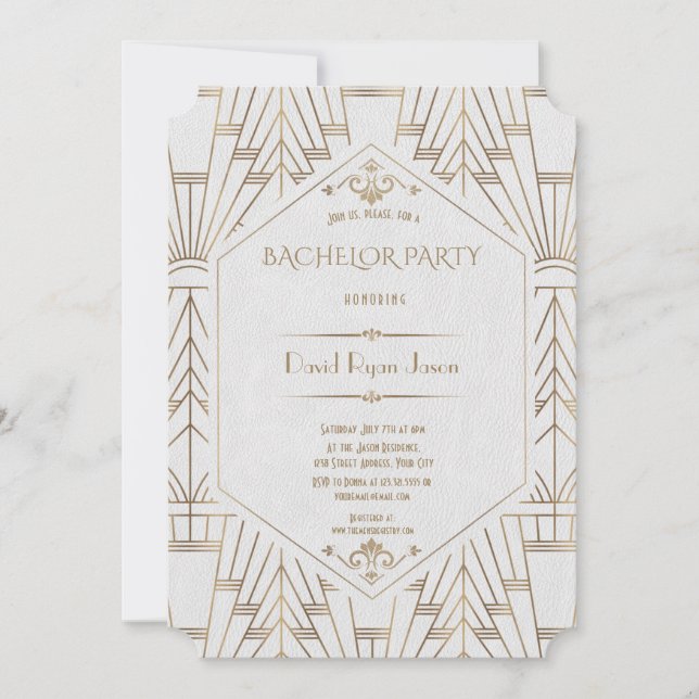 Convites Festa de Solteiro Royal White Gold Great Gatsby (Frente)