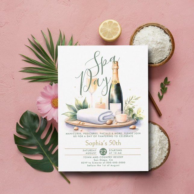 Convites Festa de Spa Adulta Cores de Água Verde 50º Aniver (50th birthday ideas adult spa party invitation elegant modern classy watercolor chic)