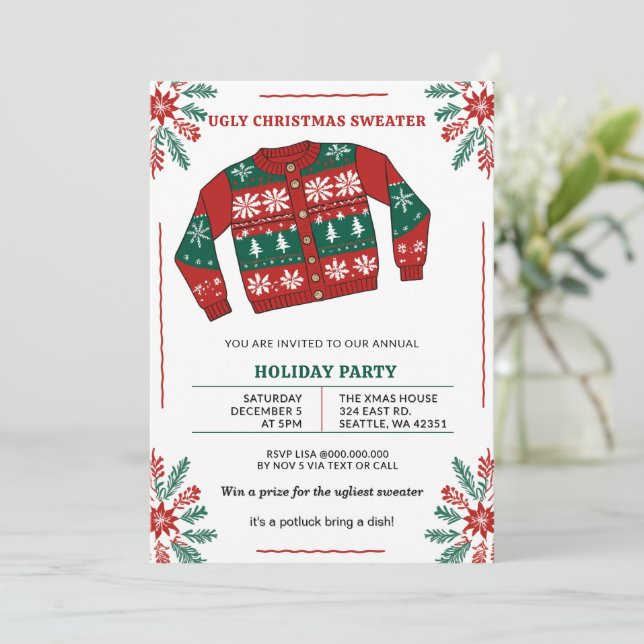 Convites Festa de Suéter de Natal Feio Vermelho Verde Engra (Em pé/Frente)