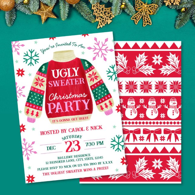 Convites Festa de Suéter Festivo Festivo Vermelho e Verde (Tacky Festive Ugly Sweater Party Red and Green Invitation)