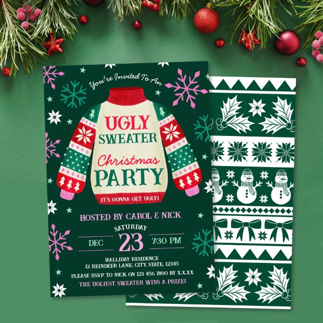Convites Festa de Suéter Festivo Festivo Vermelho e Verde (Tacky Festive Ugly Sweater Party Red and Green Invitation)
