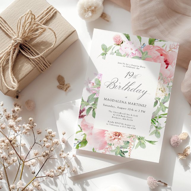 Convites FESTA DE SURPRESA 19.º Aniversário, Elegante Pink (Criador carregado)