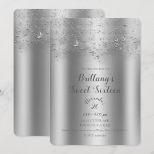 Convites Festa de Sweet 16 Borboleta Flutter Prata Brilho