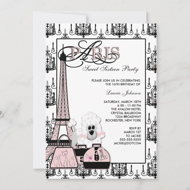 Convites Festa de Sweet Sixteen com Lustre Rosa Preto Paris (Frente)
