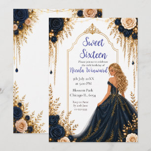 Convites Festa de Sweet Sixteen Floral Azul Marinho e Doura
