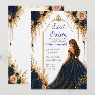 Convites Festa de Sweet Sixteen Floral Azul Marinho e Doura