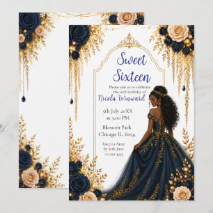 Convites Festa de Sweet Sixteen Floral Azul Marinho e Doura