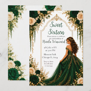 Convites Festa de Sweet Sixteen Floral Dourada Verde Esmera