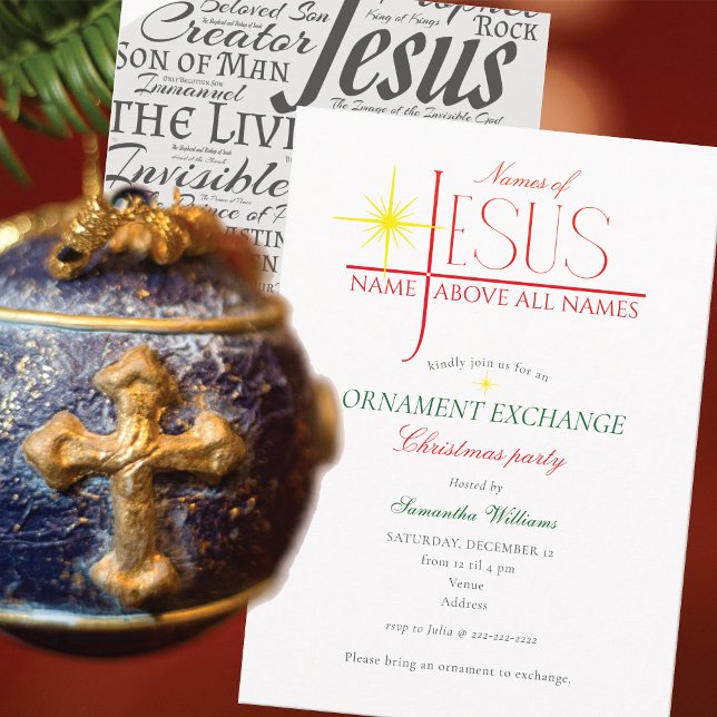 Convites Festa de Troca de Enfeites de Natal com Nomes de J (Names of Jesus Spiritual Devotional Women Ministry Christmas Ornament Exchange Party Invitation)