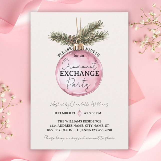 Convites Festa de Troca de Enfeites Rosa de Natal (Pink Ornament Exchange Christmas Party Invitation
)