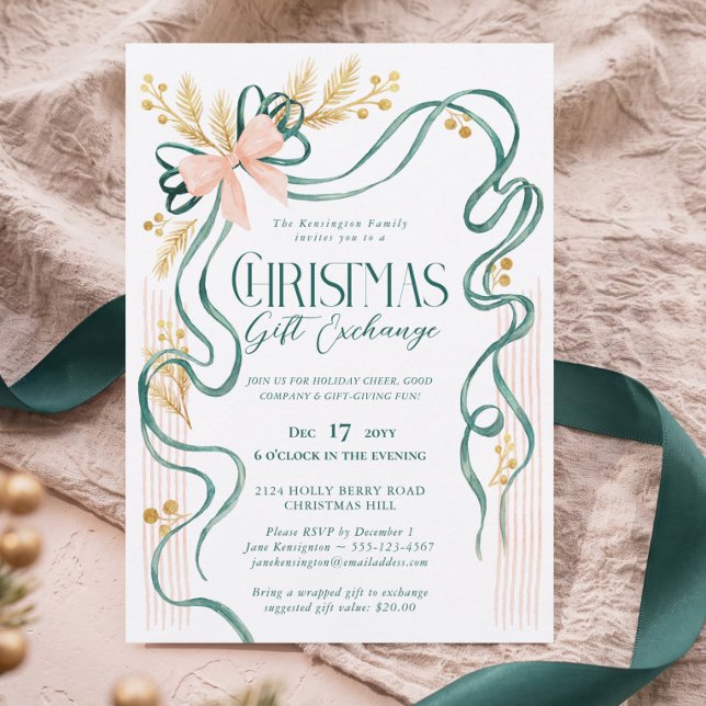 Convites Festa de Troca de Presentes de Natal com Laço Verd (Green Bow Ribbon Christmas Gift Exchange Party Invitation)
