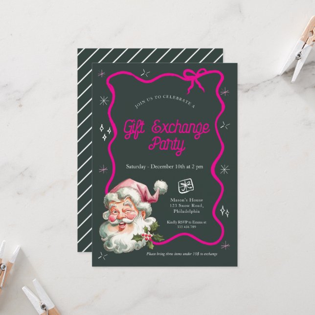 Convites Festa de troca de presentes de Natal rosa (Frente/Verso In Situ)