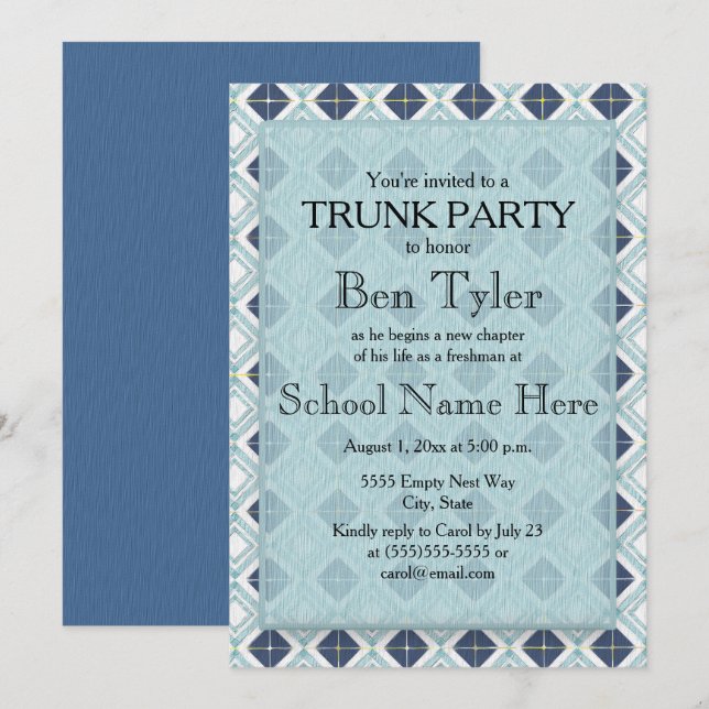 Convites Festa de tronco de padrão de diamante azul-marinho (Frente/Verso)