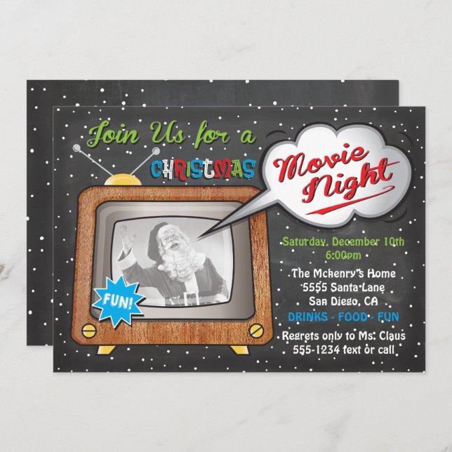 Convites Festa de TV Retro Noite de Natal (Frente/Verso)
