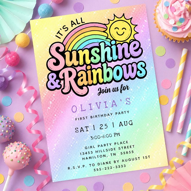 Convites Festa de Um Aninho Ombre Sunshine & Rainbows (Ombre Sunshine & Rainbows First Birthday Party Invitation)