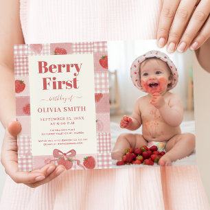 Convites Festa de um ano com laço rosa e foto fofa de Berry