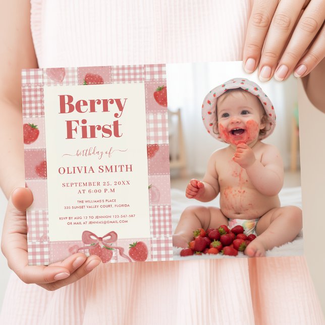 Convites Festa de um ano com laço rosa e foto fofa de Berry (Criador carregado)