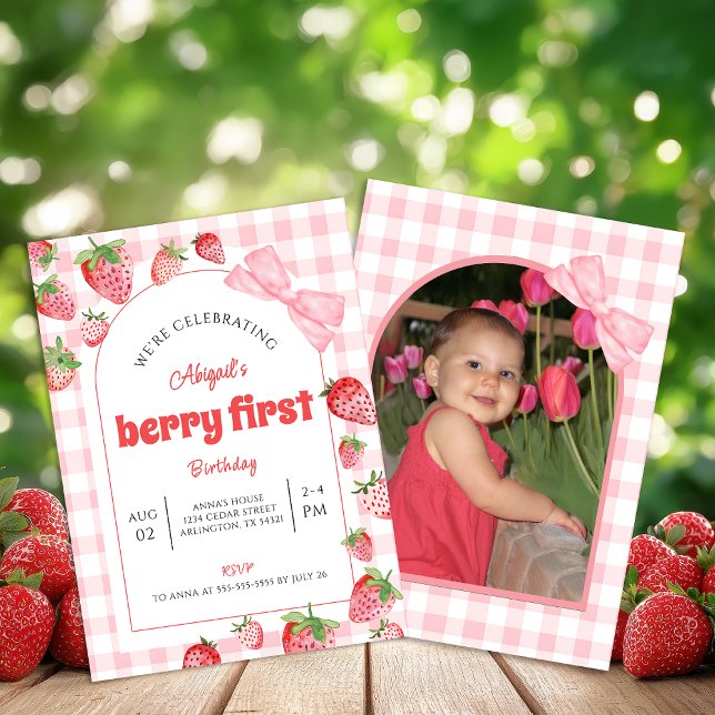 Convites Festa de um ano da Berry com laço rosa e xadrez Fo (Criador carregado)