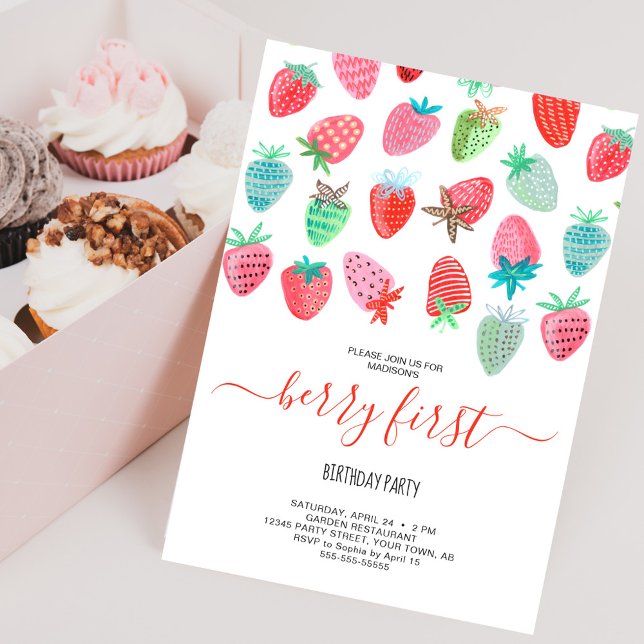Convites Festa de um ano da menina morango fofa (Cute Strawberry girl berry first birthday party Invitation)