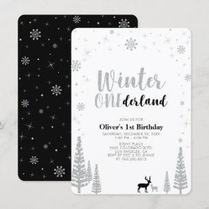 Convites Festa de um ano de idade Silver, Black Winter oned