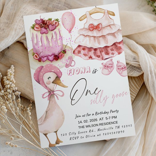 Convites Festa de Um Ano de Patinho Rosa Fofo para Meninas (Criador carregado)