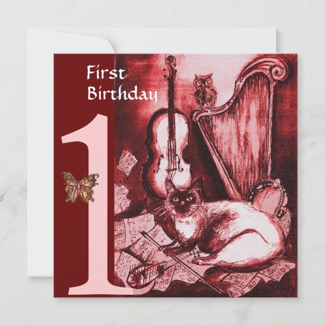 Convites Festa de um ano do GATO MUSICAL, Champanhe Vermelh (Frente)