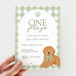 Convites Festa de um ano do Goldendoodle Verde 