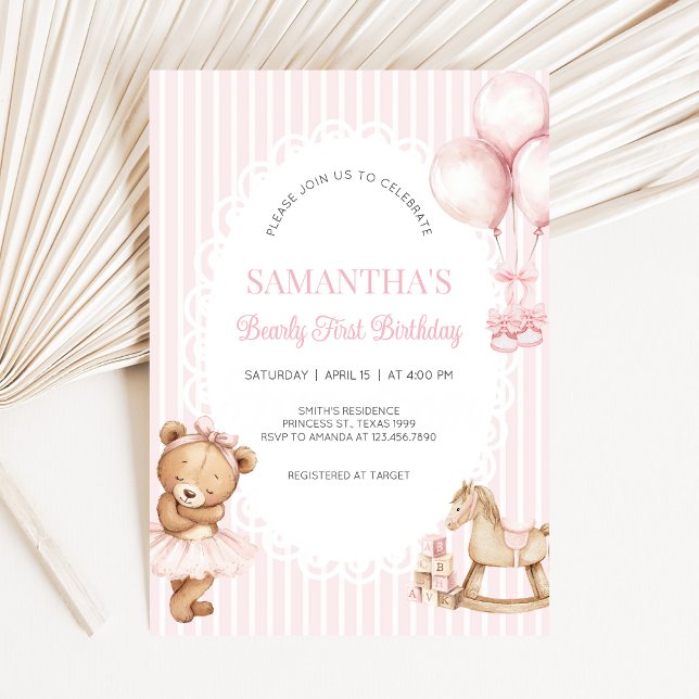 Convites Festa de um ano do ursinho rosa (Bearly First Birthday Invitation)