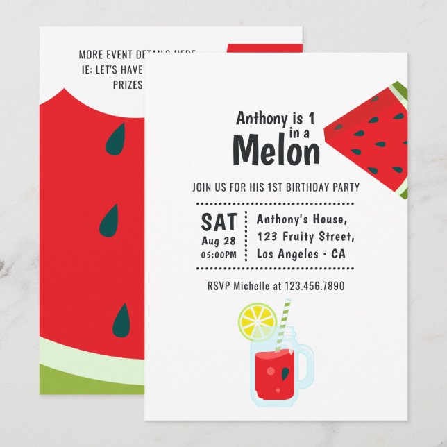 Convites Festa de um ano 'One in a Melon' (Frente/Verso)
