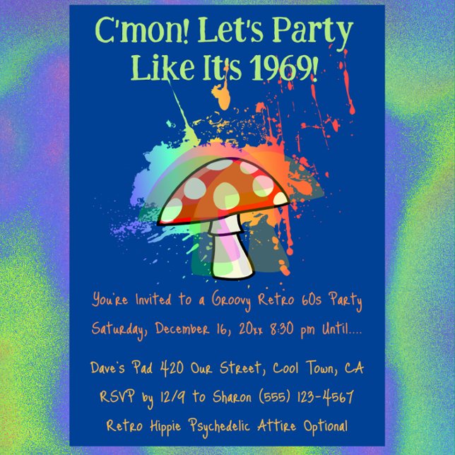 Convites Festa de vamos como se fosse a Festa de 1969 (Let's Party Like It's 1969 Psychedelic Party Invitation)