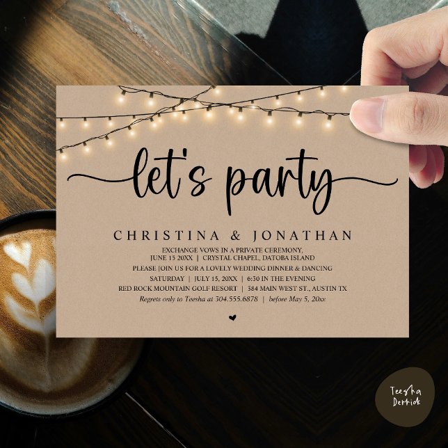 Convites Festa de vamos, Elopemento Janto Russo de Casament (Let's party, Rustic Wedding Dinner Elopement Invitation Card, PDF, String Lights Brown Kraft)