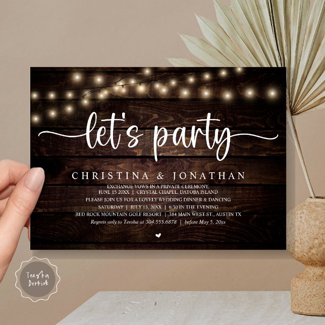 Convites Festa de vamos, Elopemento Janto Russo de Casament (Let's party, Rustic Wedding Dinner Elopement Invitation card, pdf, in cottage dark wood)