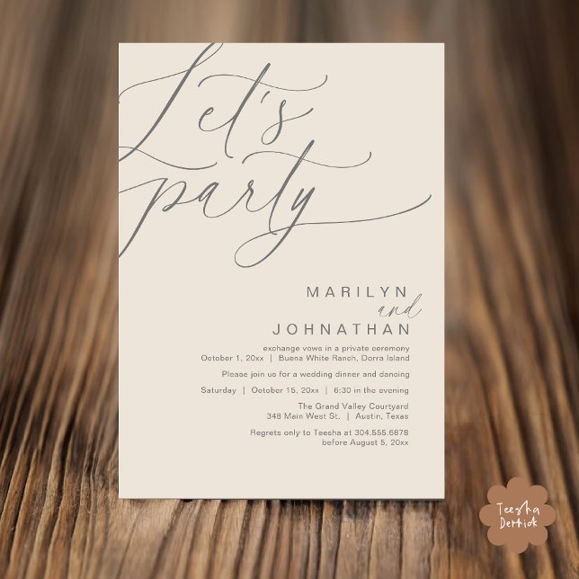 Convites Festa de vamos Feliz Para Sempre Após Janta De Cas (Let's Party Happily Ever After Modern Romantic Wedding Dinner Invitation Card PDF Cream Grey)