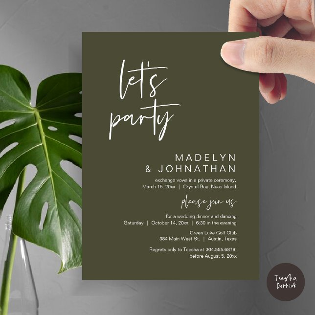 Convites Festa de vamos, Janto de Elopemento de Casamento e (Let's Party, Modern Wedding Elopement Dinner and Dancing Invitation Card, PDF, in Olive Green)