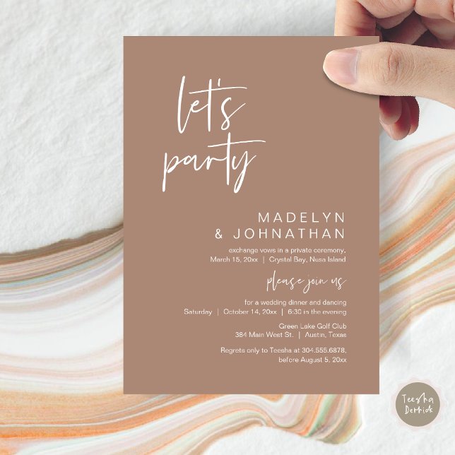 Convites Festa de vamos, Janto de Elopemento de Casamento e (Let's Party, Modern Wedding Elopement Dinner and Dancing Invitation Card, PDF, in Neutral Taupe)