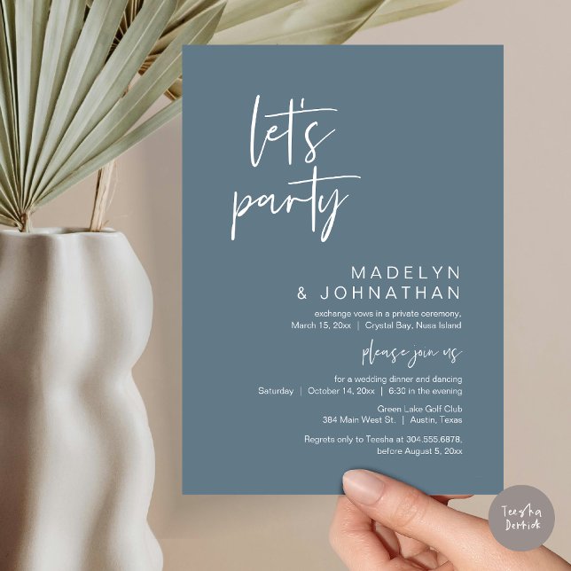 Convites Festa de vamos, Janto de Elopemento de Casamento e (Let's Party, Modern Wedding Elopement Dinner and Dancing Invitation Card, PDF, in Dusty Blue)