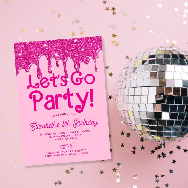 Convites Festa de Vamos Rosa Trendente Ir para Festa Aniver (Trendy Pink Glitter Let's Go Party Birthday Invitation)