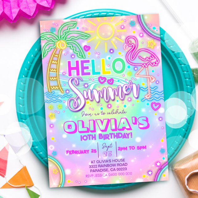 Convites Festa de Verão de Aniversário de Verão (Neon Hello Summer Party Invitation)