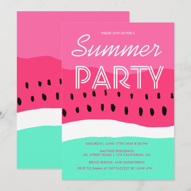 Convites Festa de verão de melancia verde-rosa aquática (Frente/Verso)