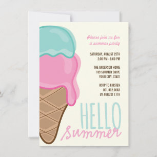 Convites Festa de Verão de Sorvete de Morango Rosa
