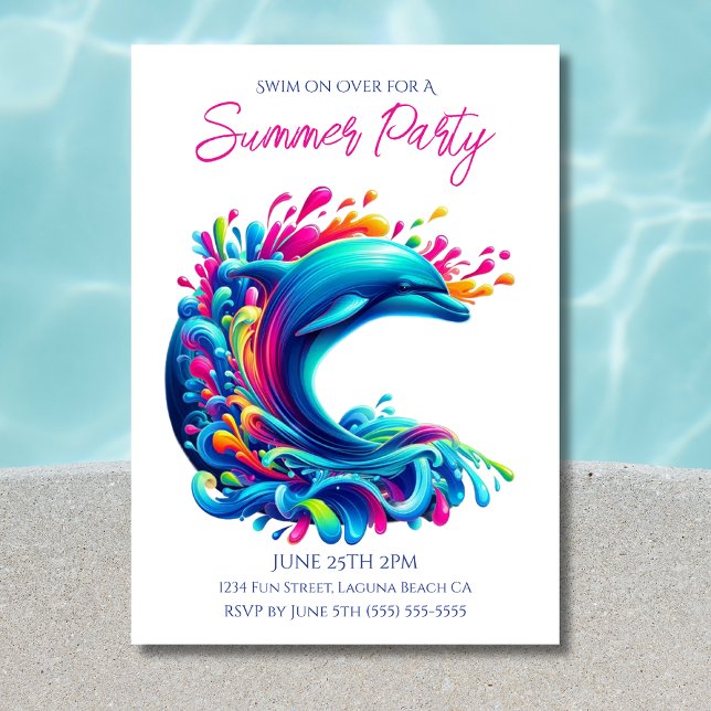 Convites Festa de Verão - Golfinho Colorido (Dolphin-Colorful Dolphin-Summer Party Invitations)