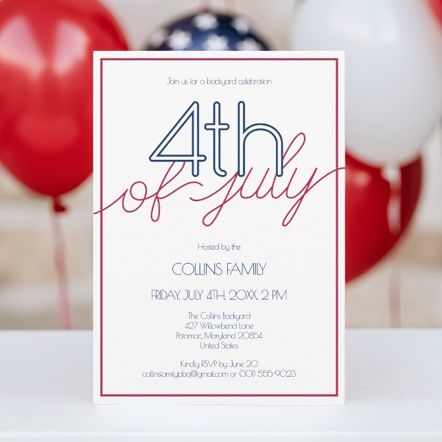Convites Festa de Verão Moderna Vermelho Branco e Azul do D (Modern Red White and Blue 4th of July Summer Party Invitation)