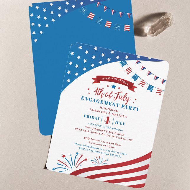 Convites Festa de Verão noivado Vermelho Branco Azul 4 de j (Elegant 4th of July Engagement Party Invitation)